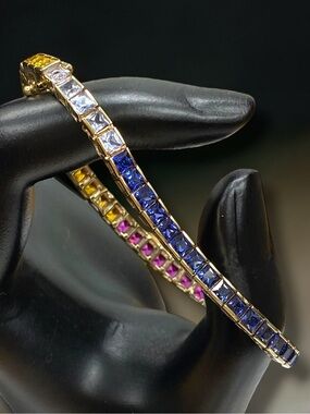Estate 14k Yellow Gold 8CTW Multi-Rainbow Gemstones Princess Cut Tennis Bracelet